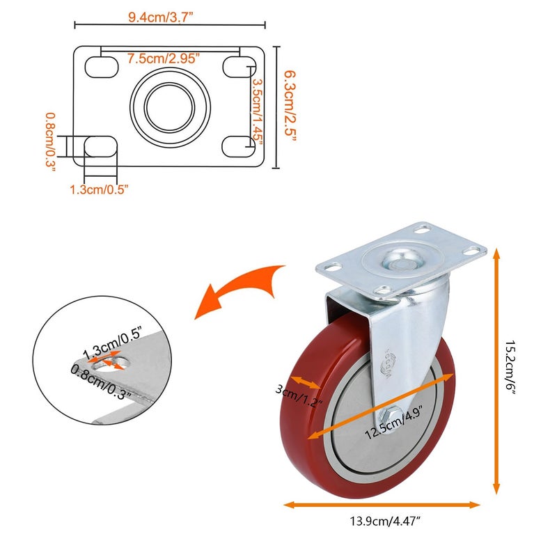 YOOGAA 5" Heavy Duty Caster Swivel Caster Wheels No Noise 360 Degree Rotation Plate Caster with Screw Total Capacity 1500lbs Set of 4 Without Brake - Image 4